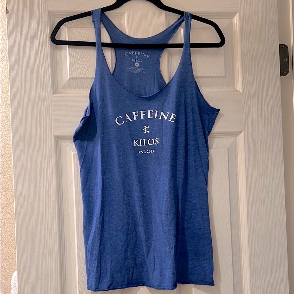 Caffeine and Kilos Blue and White Fitted Sleeveless Tank Top Size Medium